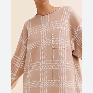 Free People Tan White Oversized Plaid Knit Pullover